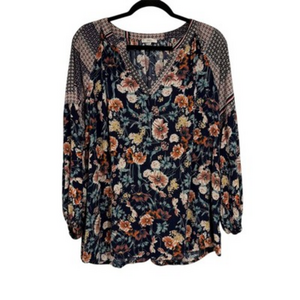 Jodifl Womens Patchwork Top Size S Floral Boho Rayon Long Balloon Sleeves V-Neck